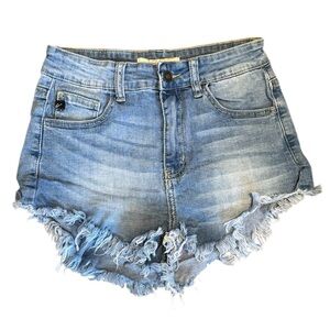 KanCan Distress Cut Off Fray Mini Stretchy Light Denim Booty Shorts